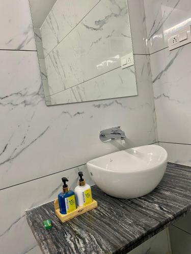 a white bathroom with a sink and a mirror at Hotel Vrindavan Palace in Indore