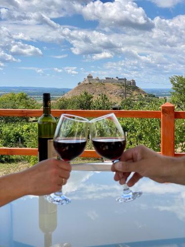 two people holding glasses of wine with a castle in the background at Szőlőhegy Vendégház Sümeg in Sümeg