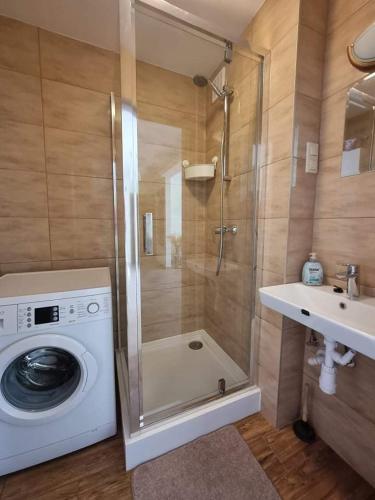 La salle de bains est pourvue d'une douche et d'un lave-linge. dans l'établissement Del Mar Gdynia, à Gdynia