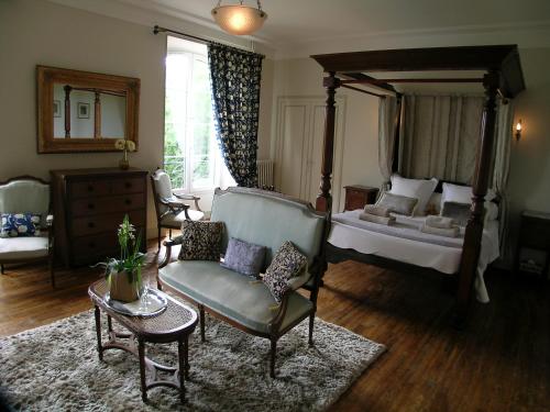 a living room with a bed and a chair at Château du Bourbet in Cherval