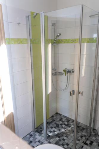 a shower with a glass door in a bathroom at Hotel Zur Waldhufe in Doberlug-Kirchhain