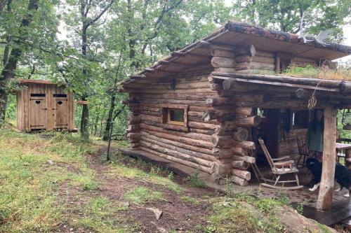 a log cabin with a chair in front of it at Chez Buddy - cabane de trappeur in Peaugres