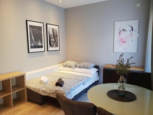 une petite pièce avec un lit et une table dans l'établissement Apartmani Kameno Sidro, à Bilice