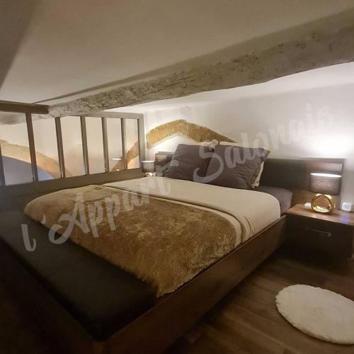 une chambre avec un grand lit dans une pièce dans l'établissement Lappart-salonais 70m2 avec jacuzzi privatif, à Salon-de-Provence
