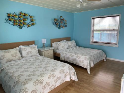 
two beds in a room with a blue wall at Snappers Key Largo in Key Largo

