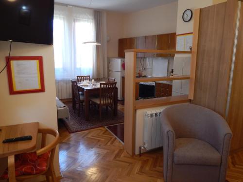 a living room with a kitchen and a dining room at Apartmani Jelica FREE PARKING in Vranje