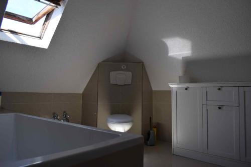 a bathroom with a white toilet in a attic at Ferienwohnung Gruppenhaus bis 12 Personen in Neuhausen