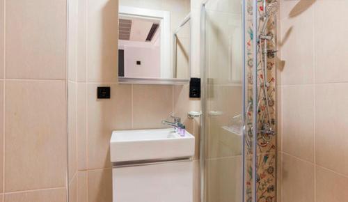 La petite salle de bains est pourvue d'un lavabo et d'une douche. dans l'établissement A Plus Residence, à Istanbul