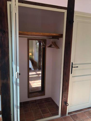 an open door with a mirror in a room at L'ancienne Forge in Allemant