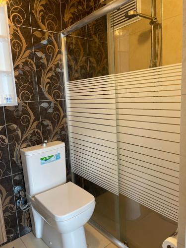 a bathroom with a toilet and a glass shower at Bursa Malkoc Hotel in Bursa