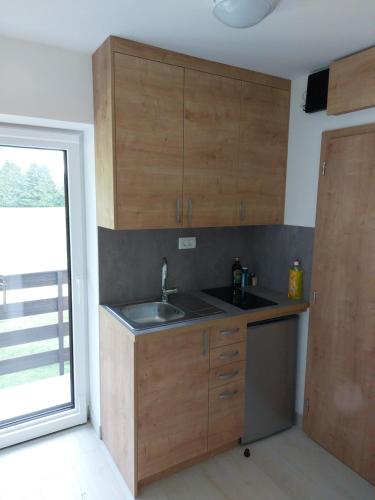 kuchnia z drewnianymi szafkami, umywalką i oknem w obiekcie Apartma Aurora w mieście Kranjska Gora