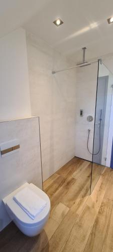 リュッベンにあるHotel Spreeuferのトイレとシャワー付きのバスルーム