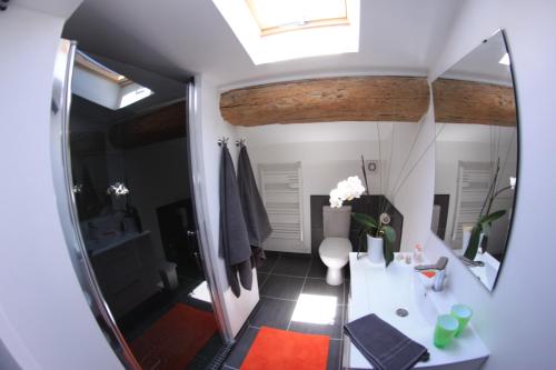 La salle de bains est pourvue d'un miroir et d'un lavabo blanc. dans l'établissement Chambres d'hôtes La Pierrerie, à Laure-Minervois