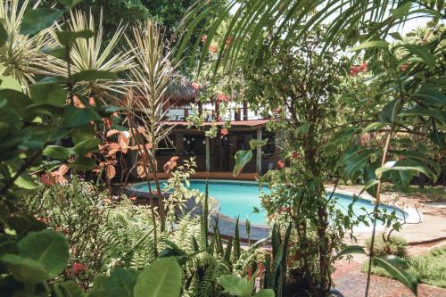 a swimming pool in a garden with plants at Esencia Nativa in El Zonte