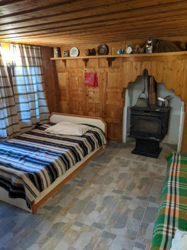 a bedroom with a bed and a woodburning stove at Momka's house in Zheravna
