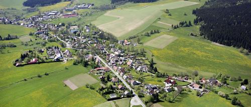 an aerial view of a village in a green field at Apartmán u Fryšávky in Fryšava