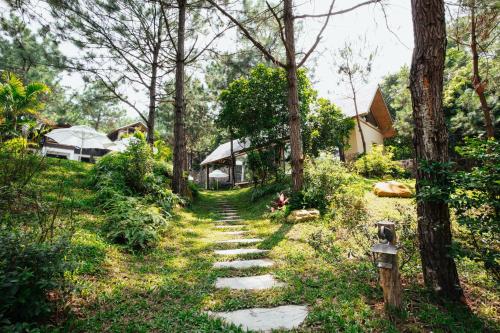 a path through a forest with trees and houses at AMAYA HOME - Lodge, Spa & Restaurant in Hanoi