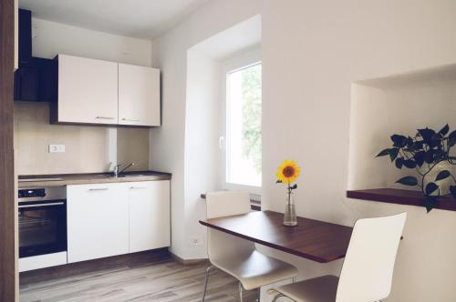 a kitchen with white cabinets and a table with a sunflower on it at APARTMA KMETIJA ROVAN in Vrhpolje