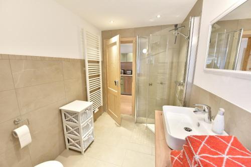 Un baño con lavabo, ducha e inodoro. en Biohof Seifert, en Kurort Altenberg