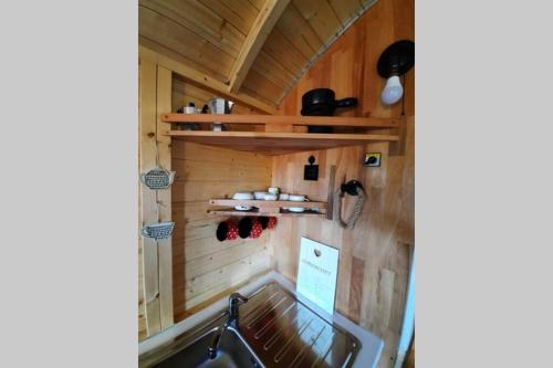 eine kleine Küche in einem winzigen Haus in der Unterkunft Autarkes Tiny House mit Rheinblick in Rümikon