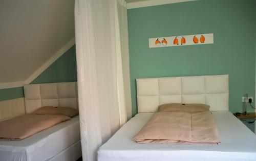 two beds in a room with green walls at Ferienwohnung auf dem Dorf, Külsheim in Külsheim
