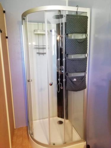 eine Dusche mit Glastür in einem Zimmer in der Unterkunft Chambre à Ineuil in Ineuil