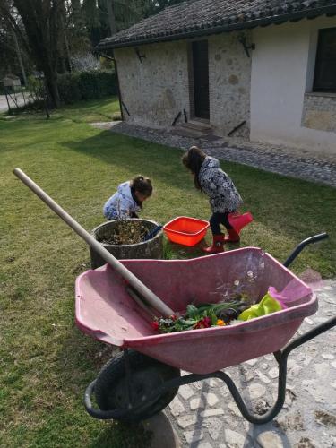 two children are playing with a wheelbarrow of vegetables at Il Vignale in Massa Martana