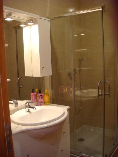 a bathroom with a sink and a glass shower at Casa De Hospedes Flor Do Jardim in Malveira