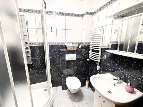 a black and white bathroom with a toilet and a sink at Hulaj Dusza in Wisła