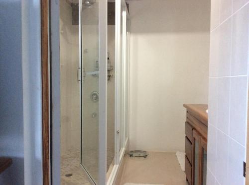 um chuveiro com uma porta de vidro na casa de banho em Treaysures em Santa Cruz
