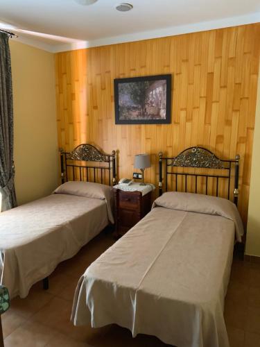 two beds in a room with wooden walls at Plaza de Toros in Ronda