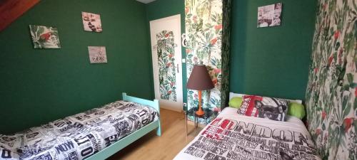 um quarto com paredes verdes, uma cama e um candeeiro em Chez Patrick em Maizet