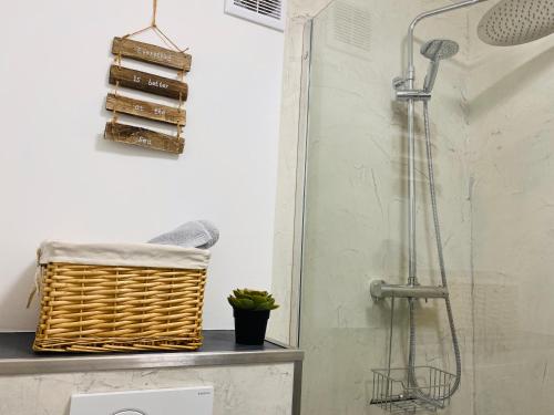 een douche in een badkamer met een mandje bij Apartment am Kurpark in Wilhelmshaven