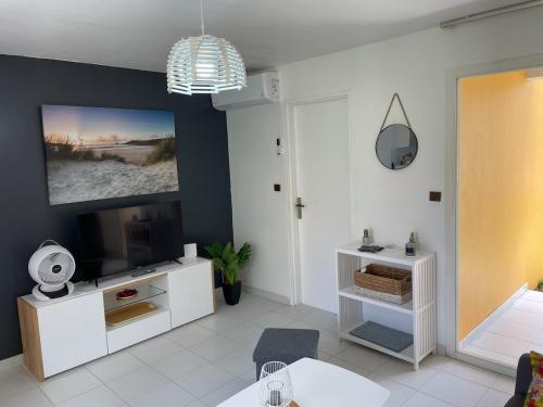 sala de estar con TV de pantalla plana en la pared en APPARTEMENT T2 ROUTE DES SALINES, en Sainte-Anne