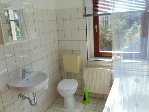 een witte badkamer met een toilet en een wastafel bij Hostel Ballenstedt in Ballenstedt