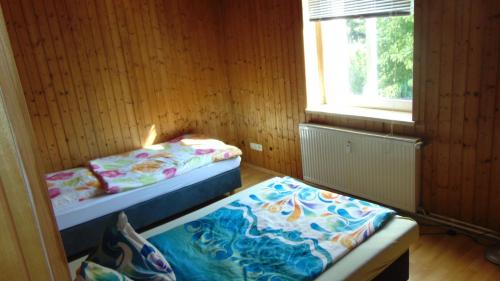 2 Betten in einem Zimmer mit Fenster in der Unterkunft Hostel Ballenstedt in Ballenstedt