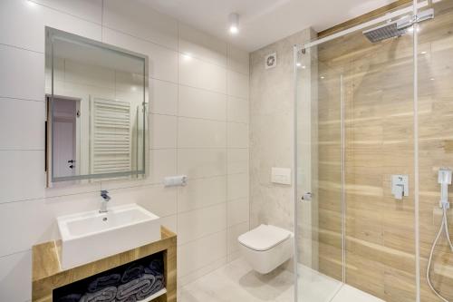 W łazience znajduje się toaleta, umywalka i prysznic. w obiekcie Apartament Ola w mieście Krynica Zdrój