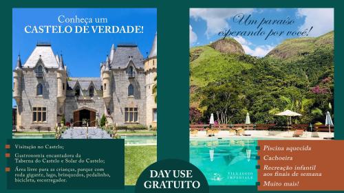a brochure of a castle and a swimming pool at Bomtempo Itaipava by Castelo Itaipava in Itaipava