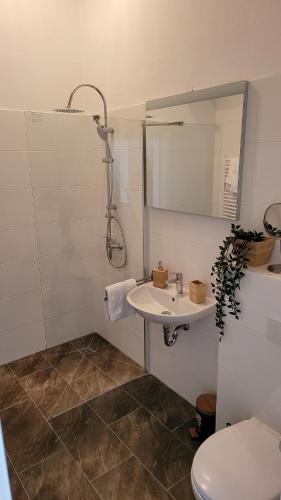 uma casa de banho com um lavatório, um chuveiro e um WC. em Hotel Kronprinz em Emden