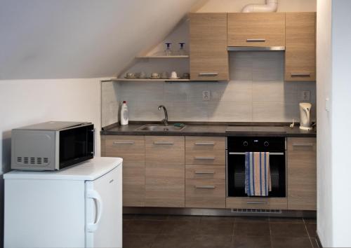 a kitchen with wooden cabinets and a microwave and a refrigerator at V sadu in Lysá nad Labem