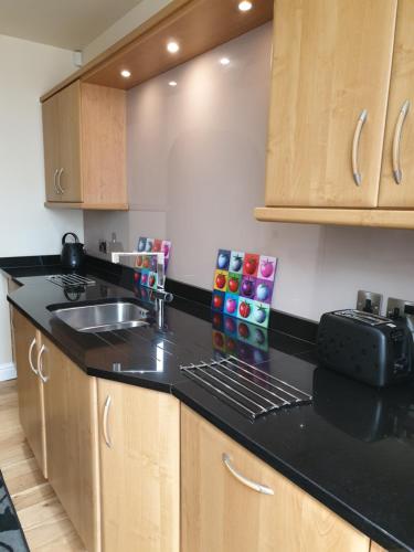 a kitchen with a sink and a counter top at Horseshoe Forge Plover Cottage Lindley in Huddersfield