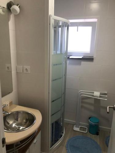 ein Badezimmer mit Waschbecken und Dusche in der Unterkunft Villa Praia in São Martinho do Porto