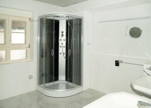 a glass shower in a bathroom with a sink at Ferienwohnung Jagsthausen in Jagsthausen