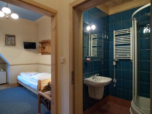 y baño con lavabo, cama y ducha. en Willa Orla, en Zakopane