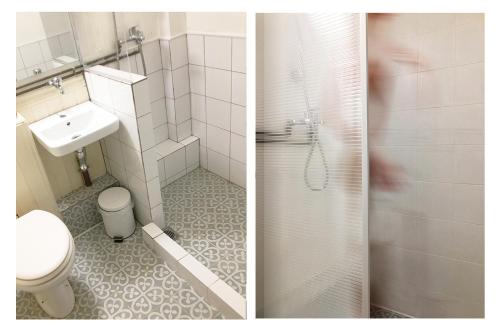 two pictures of a bathroom with a toilet and a shower at Kinfeels' downtown apartment B1 in Larisa
