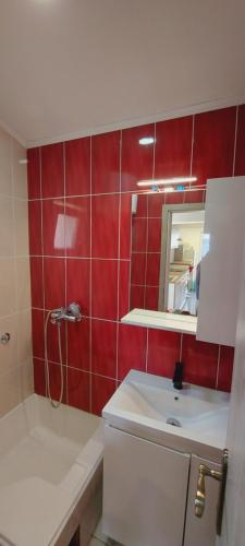 a bathroom with a white sink and a red tiled wall at Apartmani ANDRIJA in Živogošće