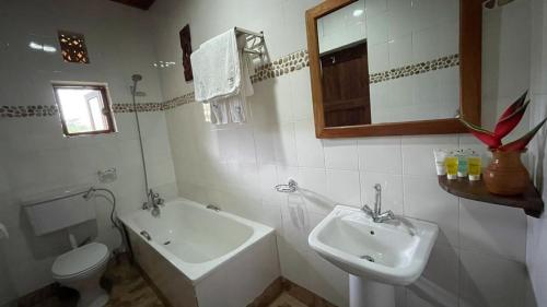 a white bathroom with a sink and a toilet at Kibale Guest Cottages in Fort Portal