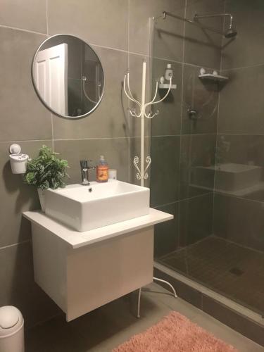 a bathroom with a sink and a shower with a mirror at Langebaan Golf Studio B1 - Langebaan Golf Estate in Langebaan