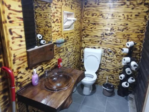 a bathroom with a wooden sink and a toilet at Galerija68 in Kraljevo