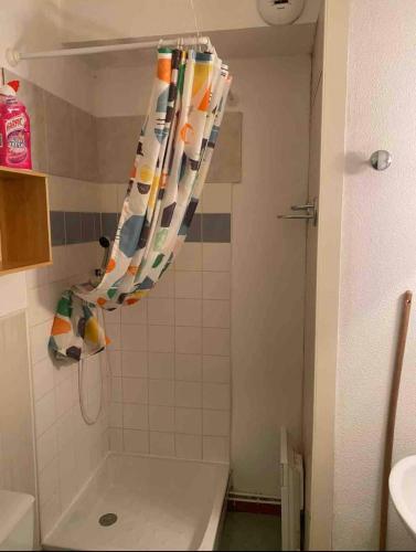 une douche avec un rideau de douche dans une salle de bain dans l'établissement Les chalets de superD, apt 7-9 personnes, à Saint-Étienne-en-Dévoluy